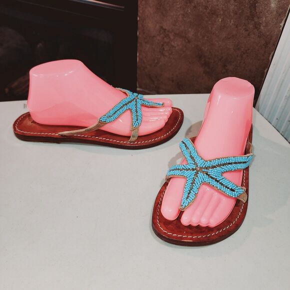 MYSTIQUE Sz 9 Teal Beaded Starfish Beach Resort Kuwai Leather Handmade Sandals - Picture 2 of 14